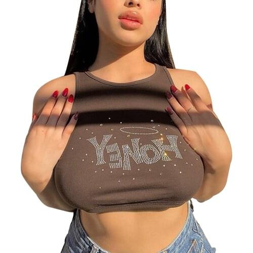 Sexy Womens Casual Tank Tops,2021 New Fashion Shiny Rhinestone Sleeveless Crew Neck Slim Fit Crop Tops