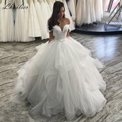 Lhuilier Womens A-Line Ruffled Wedding Dresses 2020 Boat Neck Short Sleeves Floor Length Bridal Gowns Chapel Train with Belt