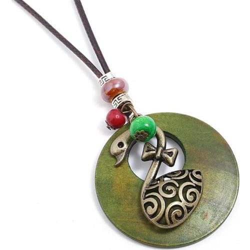 Swan Ethnic Wood Long Vintage Bead Charms Bronze Pendants Leather Necklace Women Sweater Chain Female Men Jewelry