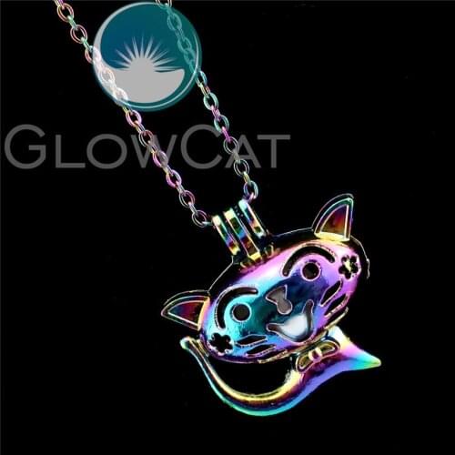 R-C758 Rainbow Colors Lovely Cat Beads Cage Pendant Perfume Diffuser Aromatherapy Pearl Cage Locket Necklace Kids Girl