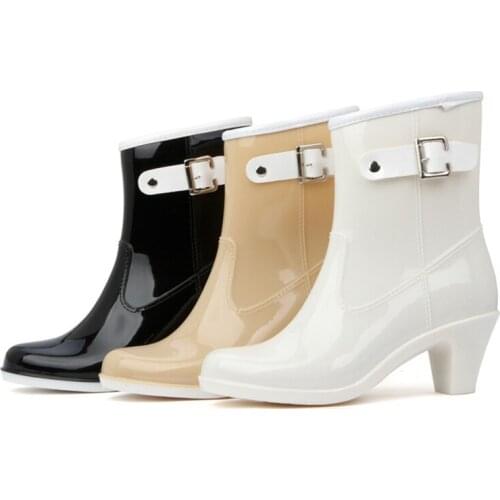 High heeled rubber rain boots side buckle leisure adult womens medium tube rain boots anti slip and wear resistant rain shoes