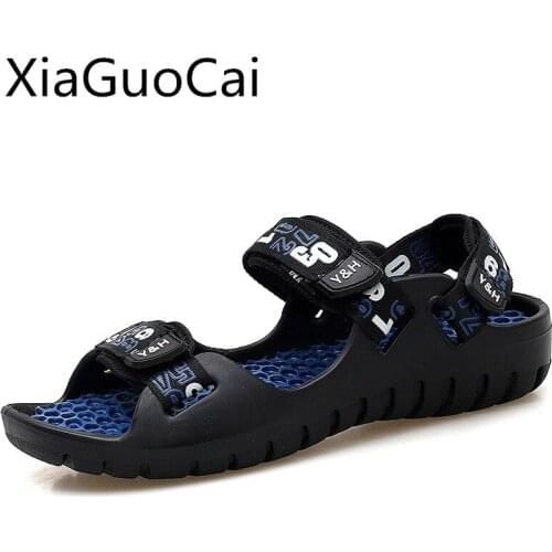 Summer Roma Style Mens Outdoors Sandals Black Hook & Loop Male Flat Sandals for Boys Casual Cheap Shoes