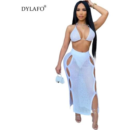 Sexy Hollow Out Sleeveless Knitted Beach Blouse Holiday Skirt Bathing Suit Cover Ups Swimwear Coverup Woman Two-piece Skirt Suit