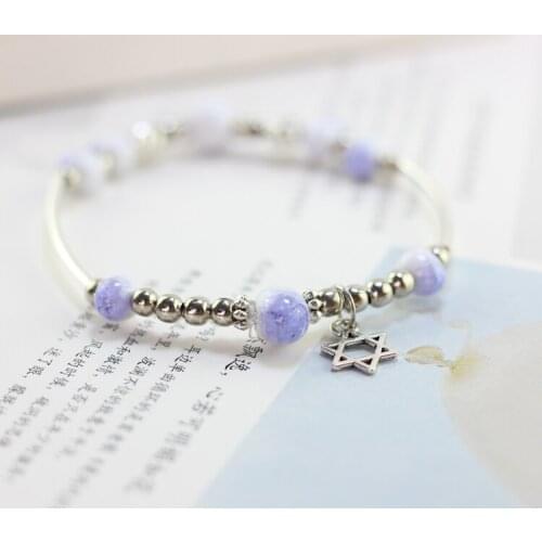 Six-pointed Stars Bracelets for Women Girls Gift Ceramic Jewelry Ice Crack Beads Fashion Bangle Accessories with Bell Purple