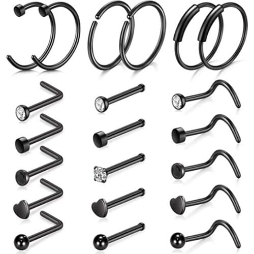 YEYULIN 5/21Pcs Nose Studs Surgical Steel Nostril Studs Screws Nose Ring Hoop Body Piercing Black Gold Silver Color Nose Stud