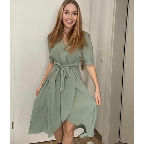 Women Summer Midi French Dress 2021 Sweet V-Neck Puff Sleeve High Waist Elegant Woman Dresses Female Clothing New Year Atopos