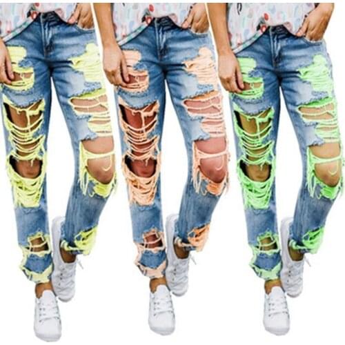 Womens Jeans Women 2020 Summer New Ripped Sexy Slim Trousers Fashion Casual Comfortable Jeans Middle Waist Straight-Leg Pants