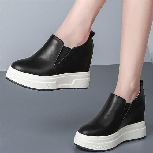 10cm High Heel Fashion Sneakers Women Genuine Leather Wedges Ankle Boots Female Round Toe Chunky Platform Oxfords Casual Shoes