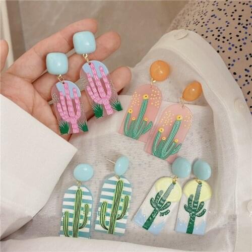AOMU Korean Retro Geometric Funny Plant Cactus Pattern Candy Color Acrylic Blue Drop Earrings for Women Travel Jewelry Gifts