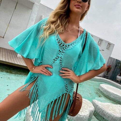 Women Beach Dress Tunic Crochet Pareo Cover Up Summer Tassel Beachwear Swimsuit Sexy Bikini Cover Up Outing Sundress