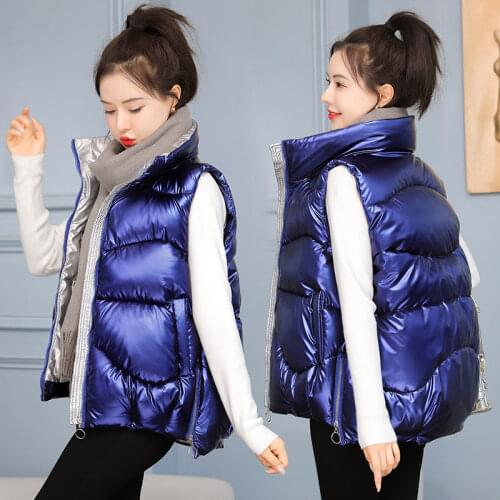 Womens Down Cotton Vest For Autumn And Winter 2021 New Waistcoat Slimming Coat Bright Face Stand-Up Collar Sleeveless Jacket