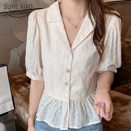 2020 Summer Solid Cotton Hollow Out V-neck Short Sleeve Blouse Women Summer Ruffle Tops White Blouse Blusas Mujer De Moda 9554