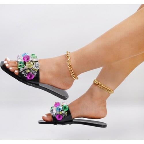 2021 summer new fashion sexy roman rhinestone jelly color flat open toe outdoor female beach slippers Plus Size