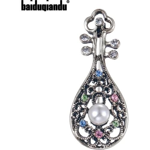 Baiduqiandu Antique Lute Brooches For Women Men Alloy Retro Colorful Rhinestone Brooches Pins Factory Directly