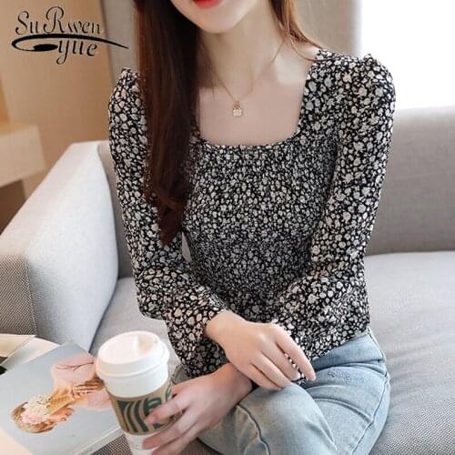 Blusas 2021 Spring New Floral Square Collar Ruffle Sleeve Women Blouse Elegant Slim Waist Ruffles Tops Female Blouse 8856 50