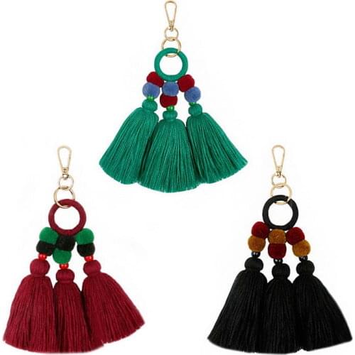 KC00083 ZWPON Large Triple Tassel Pompom Ball Keychain Women Bag Pendant Charms Wood Fashion Braid Tassel Key Ring Boho Jewelry