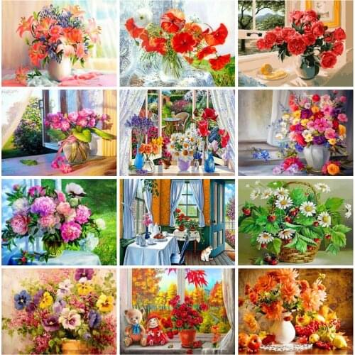 EverShine Oil Painting By Numbers Flowers Handpaint DIY Coloring By Numbers Cartoon Vase Canvas Wall Set Art Home Decor