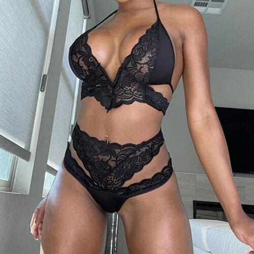 2021 Fashion Sexy Lace Lady Lingerie 2Pcs Set Babydoll Sleepwear Nightwear Women Underwear Tie Up Halter Bra+Hollow Out Briefs