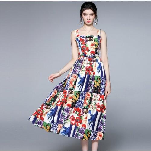 WTIANYUW Fashion Designer Summer Dress Women Spaghetti Strap Patchwork Floral Print Square Collar Vacation Dresses 2021 New
