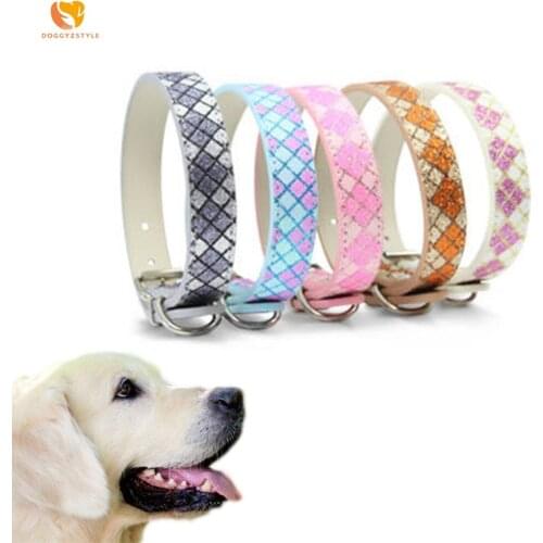 Fashion Plaid Dog Collar Durable PU Leather Adjustable Bling Rhinestone Bone Necklace Pet Puppy Collar S/M/L perro gato collar