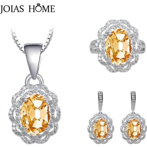 JoiasHome charms jewelry sets for women Silver 925 Jewelry Large Oval Gemstones Citrine Ring Drop Earrings Necklace Party Gift