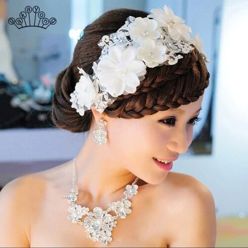 Charm Bridal Tiaras Headband Wedding Hair Accessories Handmade Imitation Pearl Lace White Flower Hair Jewelry