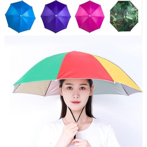 Outdoor umbrella hat novelty foldable rainy day hands-free rainbow waterproof and windproof multicolor 69CM head umbrella