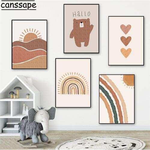 Rainbow Wall Poster Bear Print Sun Paintings Heart Posters Nursery Canvas Painting Boho Wall Pictures Kids Room Decoration