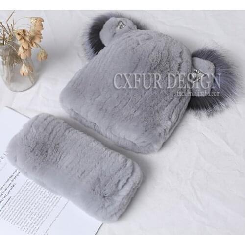 CX-C-97C Luxury Fox Fur Hats Russian Female Solid Womens Winter Cap Real Rex Rabbit Fur Knitted Bucket Hat and Scarf