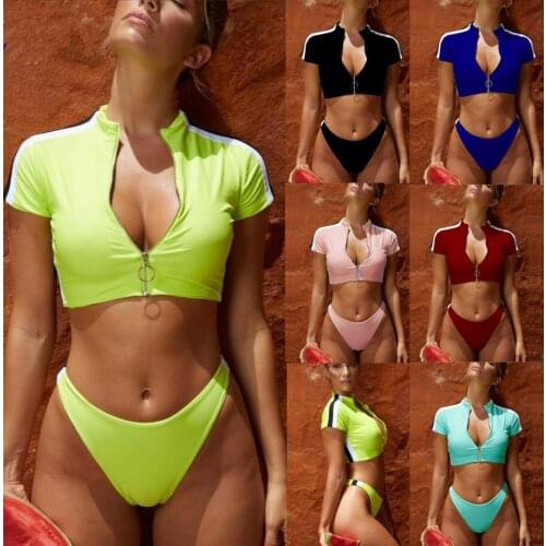 Melphieer 2021 Ladys Beachwear New Solid Zipper Sport Bikini Sexy Crop Top Thong Biquini Pads Push Swimsuit Women Bathing suit
