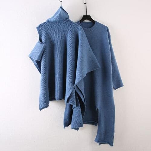 Womens Streetwear Ladies 2 Piece set Vintage Irregular Loose Batwing Sleeve Jumper Oversize solid color Ribbed Midi dress T421