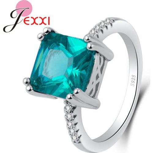 925 Sterling Silver Lake Blue Square Shininy Crystals Paved Finger Ring for Women Bridal Engagement Fashion Jewelry