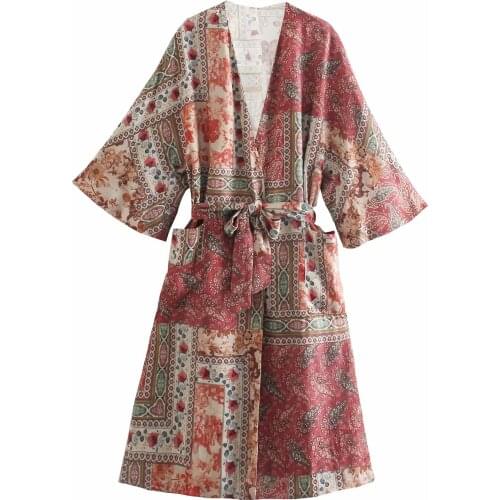 New Pop Women kimono Dress Printed V-neck Wide Sleeves Belted elegant Loose Casual Vintage Chic Lady Midi Woman Dress