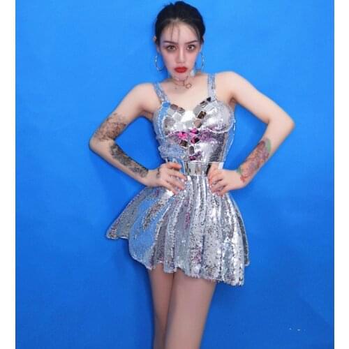 Bar Party Stage Singer Dancer Star Sexy Sequined Princess Dress Female Costume Nightclub mirror dress concert