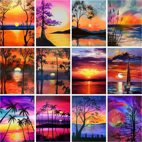 Huacan Diamond Painting Full Sunset Seaside Mosaic Embroidery Beach Coconut Tree Scenery Paintings For Interior Gift