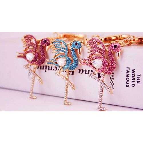 Golden Alloy Rhinestone Red-crowned Crane Car Keychain Gold Metal Pendant Female Bag Colorful Glass Crystal Flamingo Keychains