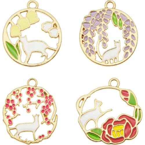 Julie Wang 4PCS Enamel Cat And Flower Charms Alloy Hollow Gold Tone Pendants Bracelet Jewelry Making Accessory
