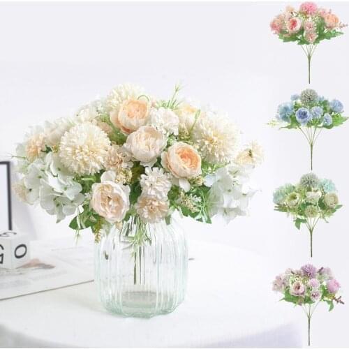Artificial Flowers Hydrangea Silk Bouquet for Decoration Camellia Artificial Peony Rose Wedding Home DIY Decor Fake Flower White