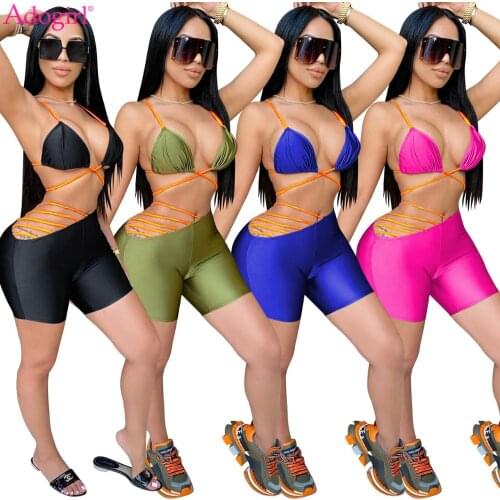 Adogirl Sexy Hole Two Piece Set Swimsuit Lace Up Bra Top One Side Hollow Out Shorts Beach Suit Bathing Suit Women Club Outfits