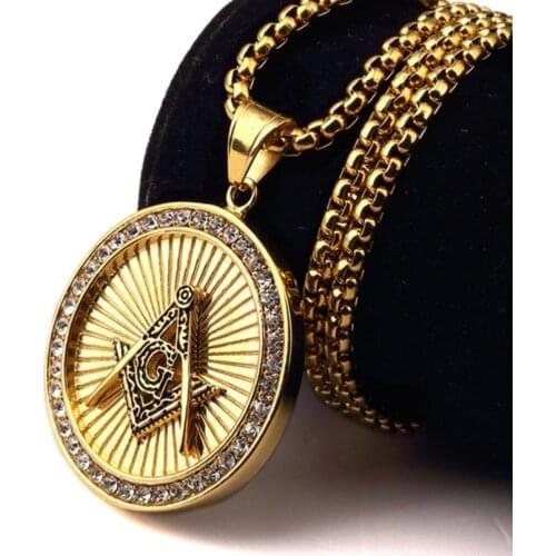 Mens High Quality Metal Hip Hop Style Gold Masonic Medal Pendant Necklace