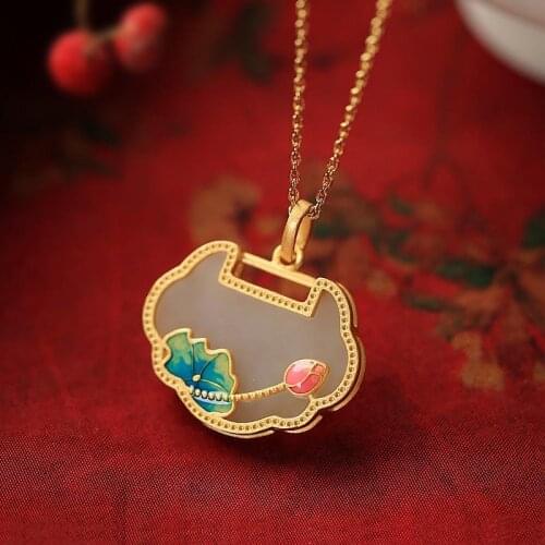 Original Jade Shangsheng Lotus Sterling Silver Ancient Gold Inlaid Hetian Jade Enamel Longevity Lock Necklace Womens Retro Cour