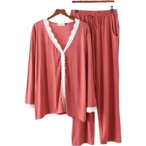 Womens Pijamas Autumn Large Size Modal V-neck Lace Cardigan Trousers Pyjama Set Casual Home Wear Two-piece Pajamas Suit