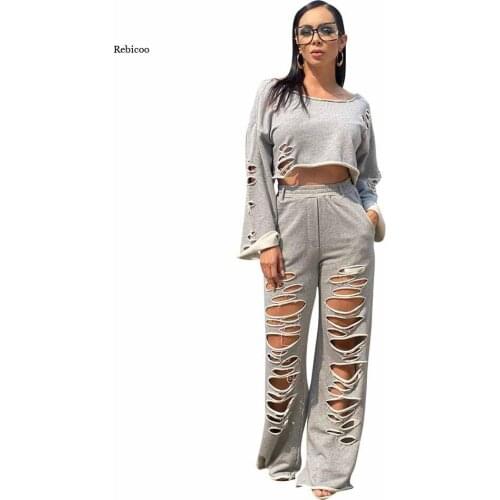 Casual Workout Two Piece Sweatsuit Fall Clothes for Women Long Sleeve Loose Crop Top and Hole Hollow Wide Leg Pant Streetwear