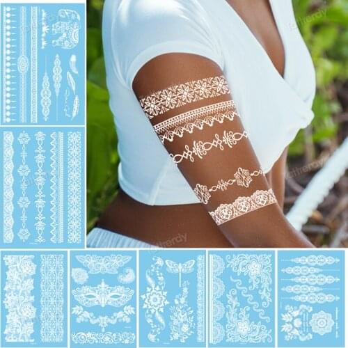 Water Transfer Tattoos White Henna Lace Sexy Indian Arabic Waterproof Temporary Tattoos for Wedding Bride Women Body Jewelry
