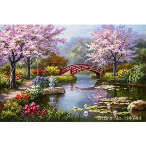 Japanese Garden in Bloom seascape paintings modern art home decor High quality Hand painted