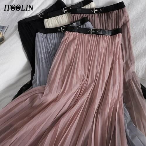 ITOOLIN Mesh Tulle Pleated Midi Skirt Women Patchwork High Waist A Line Long Skirt Spring 2021 Female Slim Solid Color Sukienka