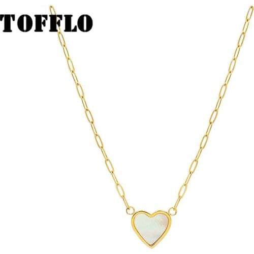 TOFFLO Stainless Steel Jewelry White Shell Peach Heart Love Pendant Necklace Womens Simple And Sweet Clavicle Chain BSP929