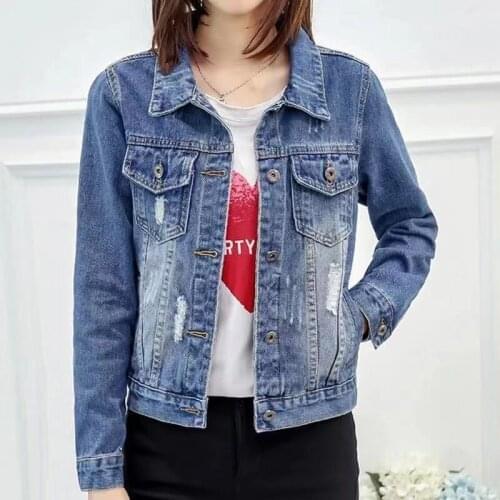 Vintage Women Jean Jacket Autumn Single-breasted Casual Slim Hole Short Outerwear Plus Size Female Denim Coats Basic Coat 5XL