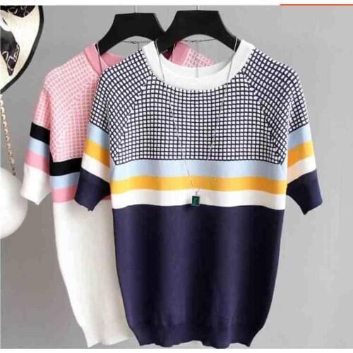 Summer Women T-shirt Tencel Knitted Short Sleeves Ruffles O-Neck Pullovers Jumper Computer Knitteds Sweaters Multicolor