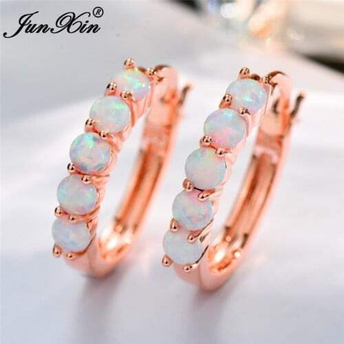Boho Female Big Round Circle Hoop Earrings Fashion White Blue Opal Earrings For Women Bride Cute Rose Gold Earrings Jewelry